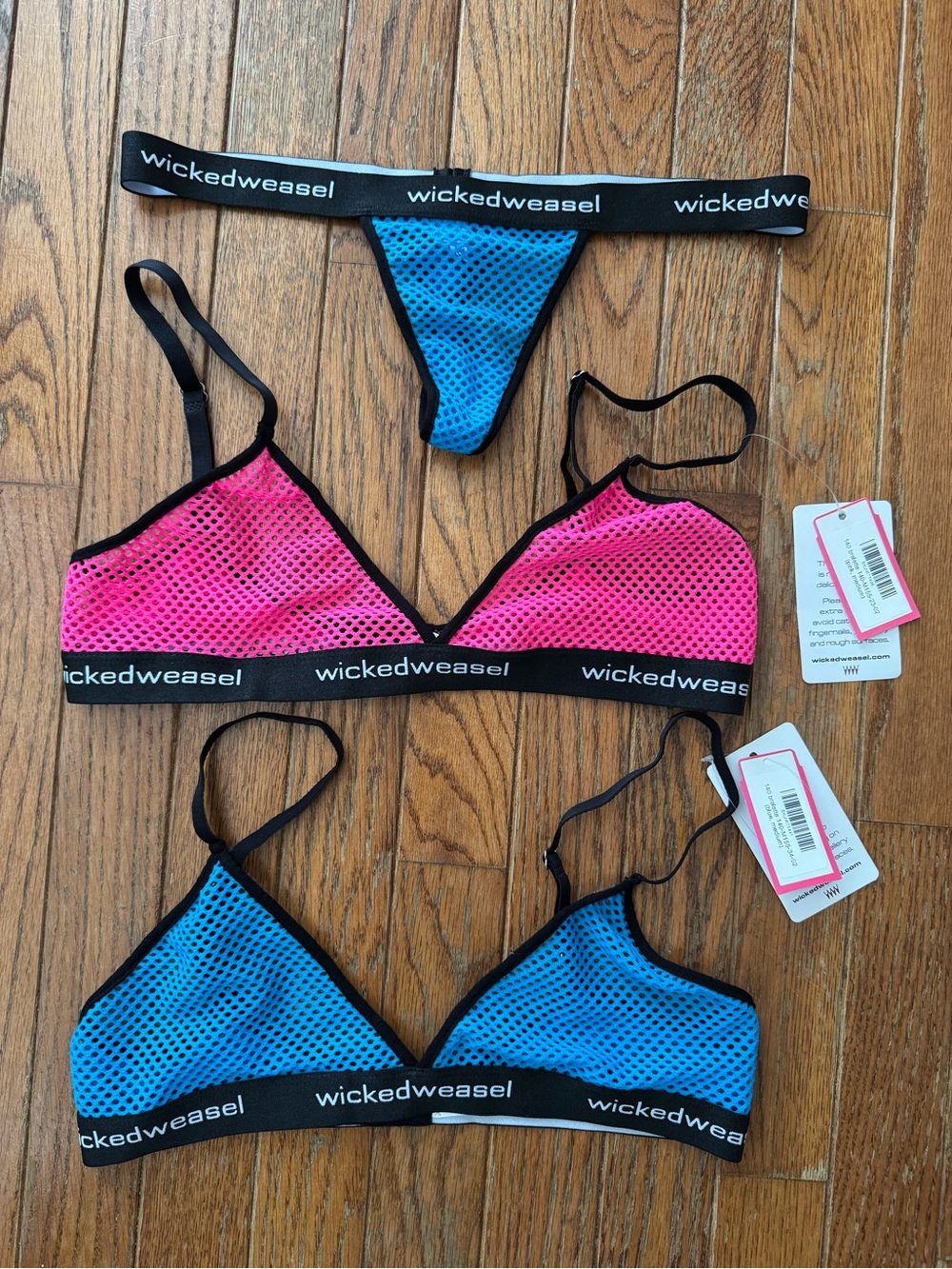 Wicked Weasel Women's Mesh Bralette & Thong Set - Pink and Blue